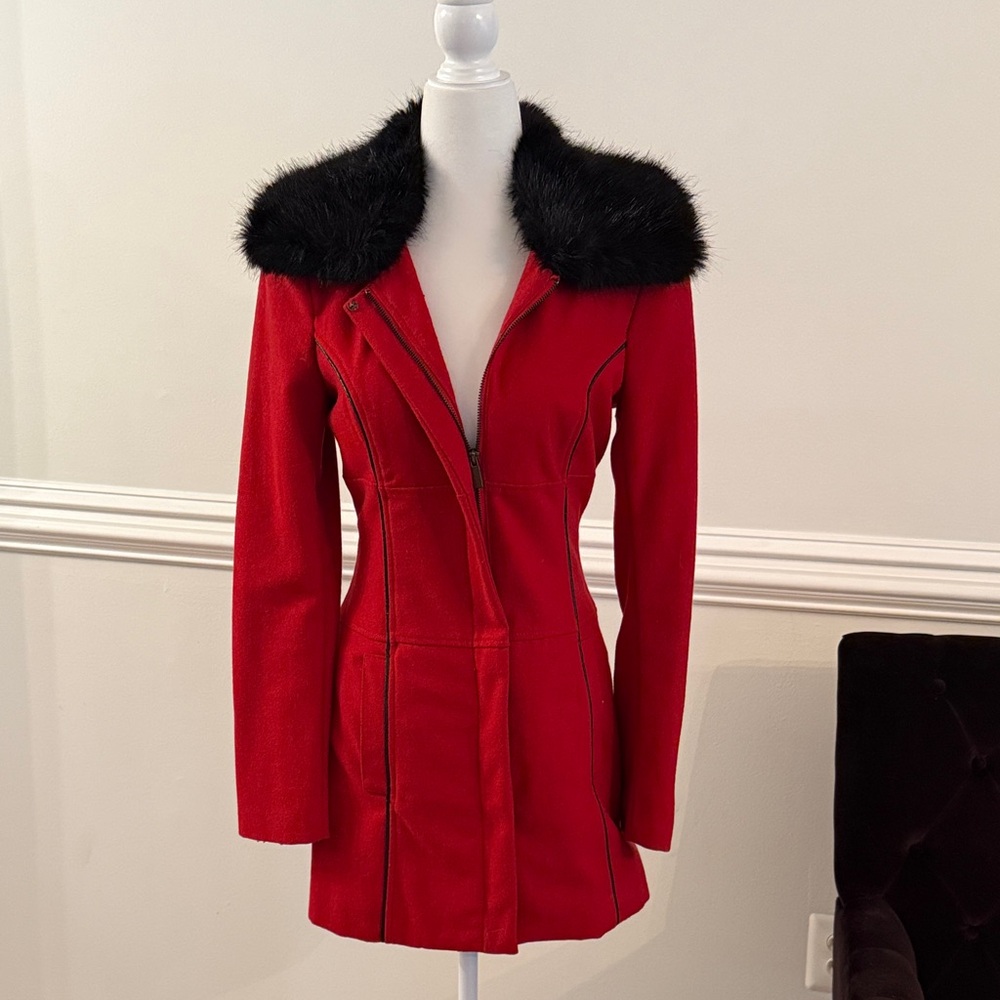 bebe Red Trench Coat with Black Fur Collar